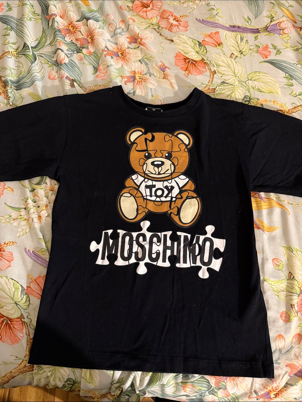 Moschino Black Tee with Brown Puzzle Bear Graphic